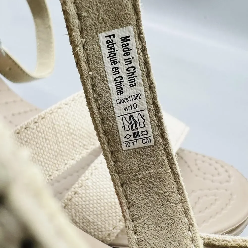 Crocs Sandals Womens 10 Beige Strappy Ankle Strap Buckle Wedge Comfort Shoes